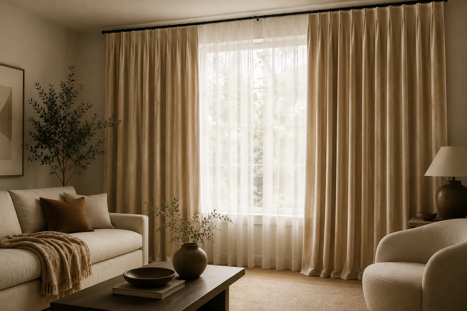 Sand pinch pleat curtains over a white sheer at a living room window