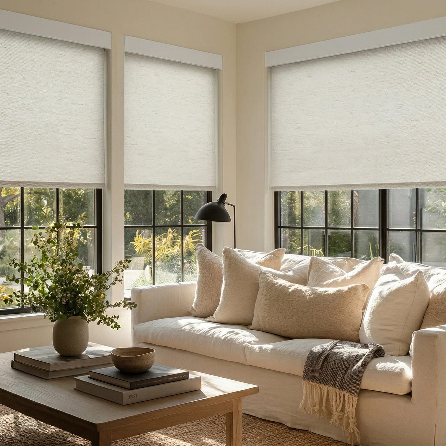 Ivory linen roller shades lowered half way on three windows behind a white sofa in afternoon light