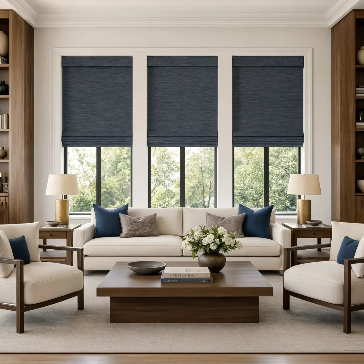 Navy roman shades on three tall windows of a living room with walnut bookcases