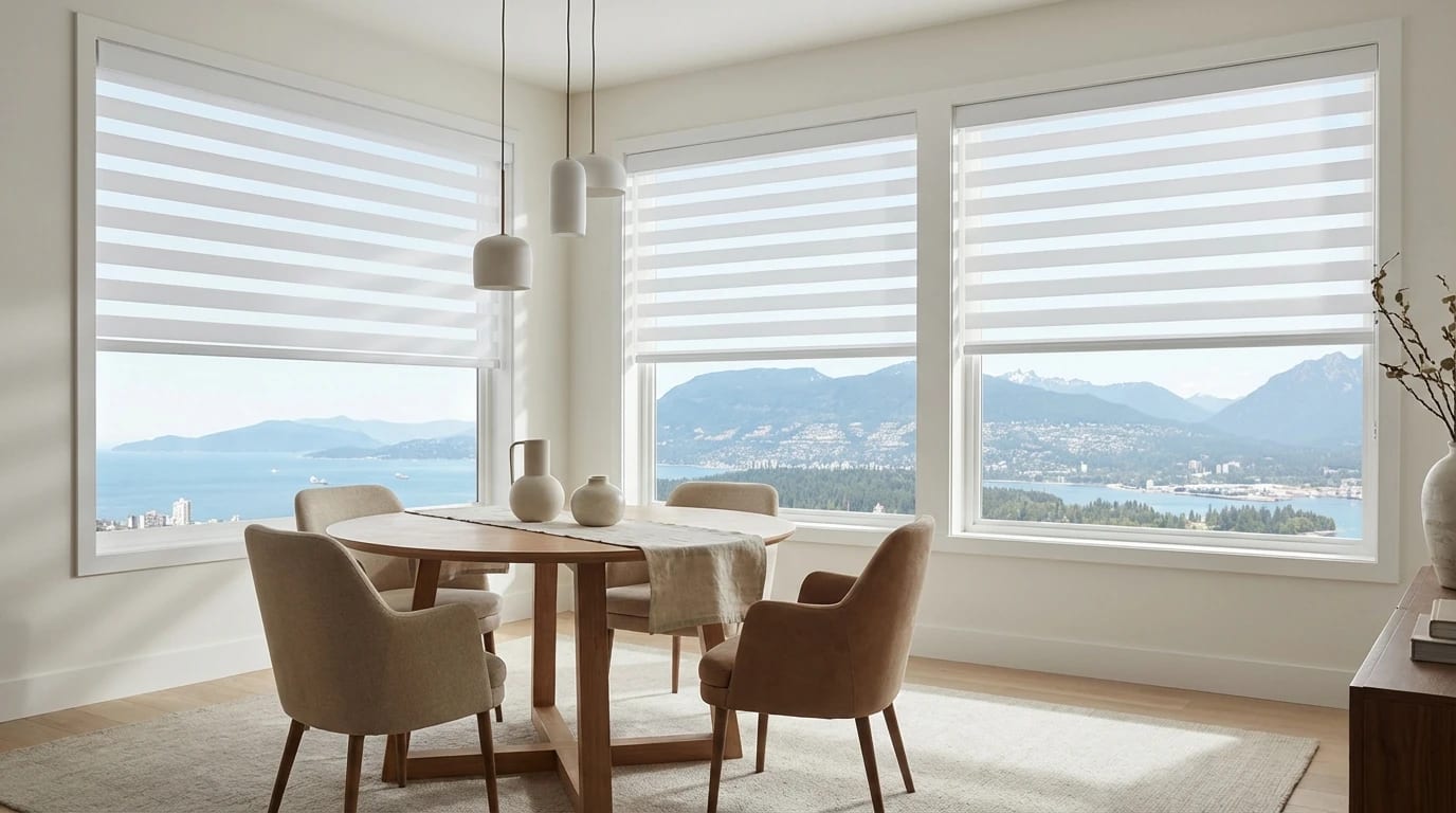 White zebra shades drawn half open across three dining room windows, water and mountains beyond