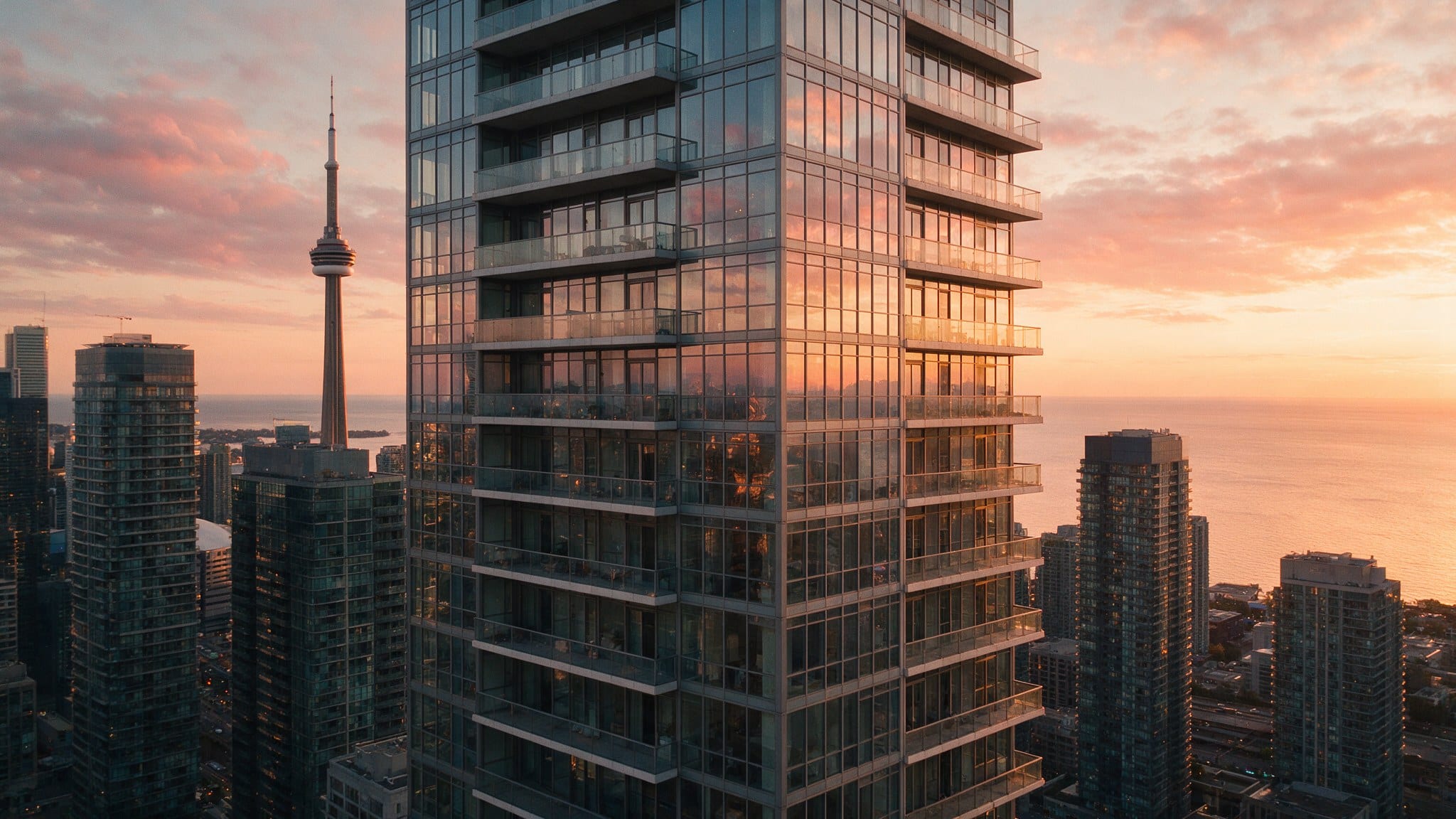 A Toronto condominium tower catching the sunset, seen from above