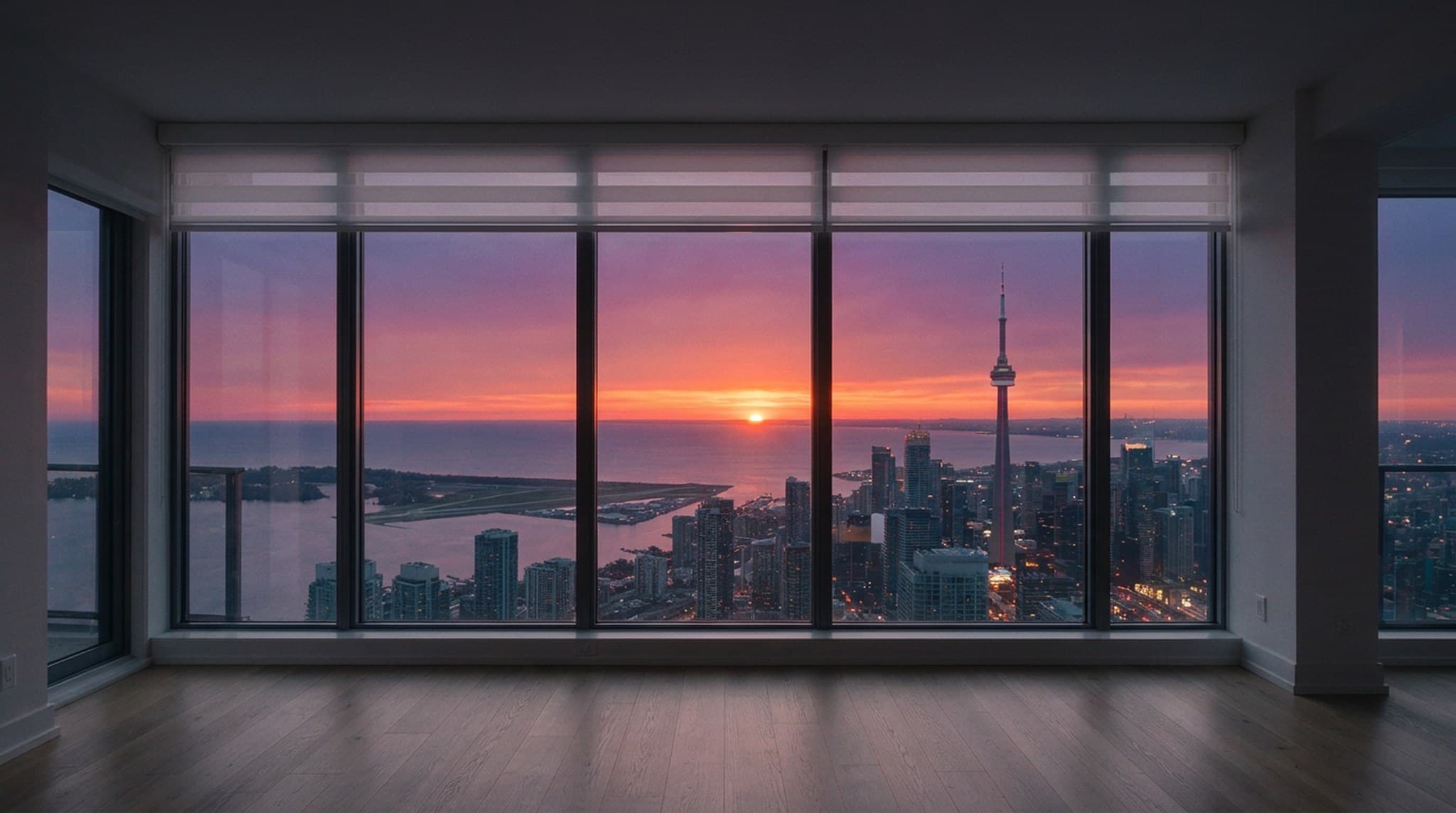 Low evening sun pouring across a Toronto condo living room through floor to ceiling glass