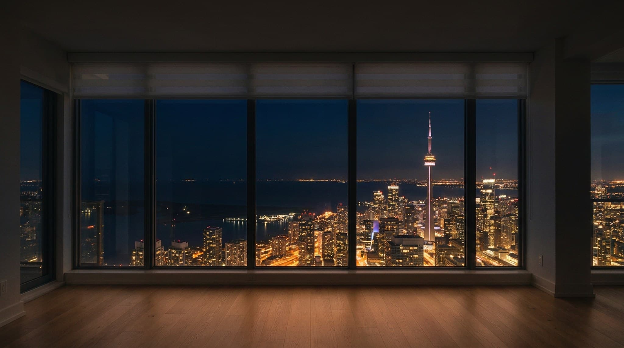 Lit condo windows in a Toronto tower at night, seen from the building opposite