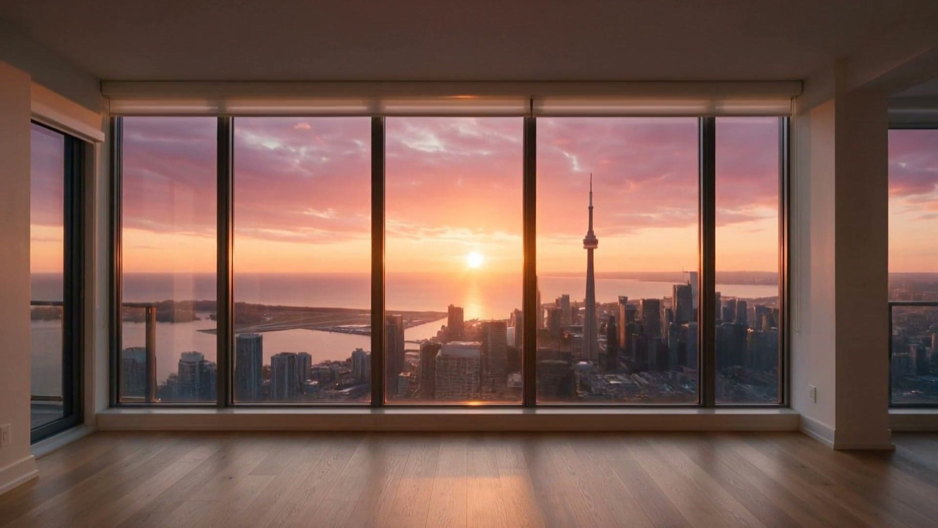 A wide condominium window at sunset with shades drawn part way down
