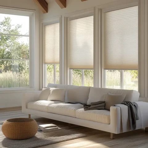 Cream cellular shades lowered part way on three tall windows behind a white sofa