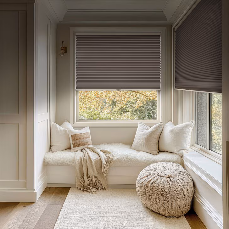 Charcoal blackout cellular shades over a window seat in a panelled bay