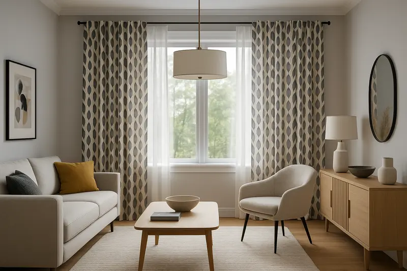 Patterned curtains over a sheer at a living room window