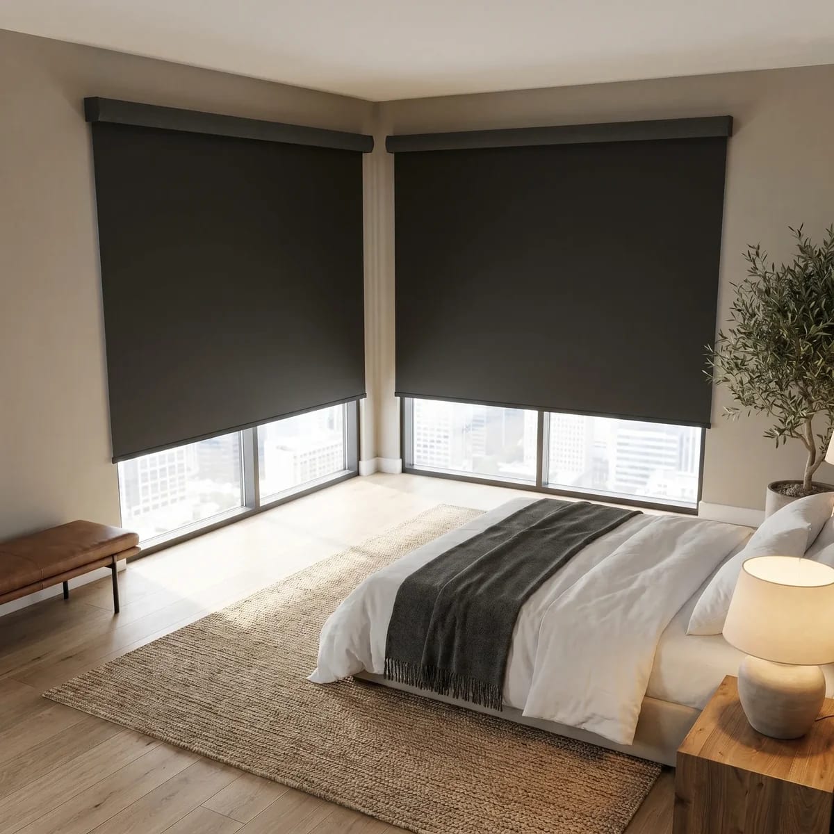 Black blackout roller shades lowered on two corner windows of a bedroom over the city