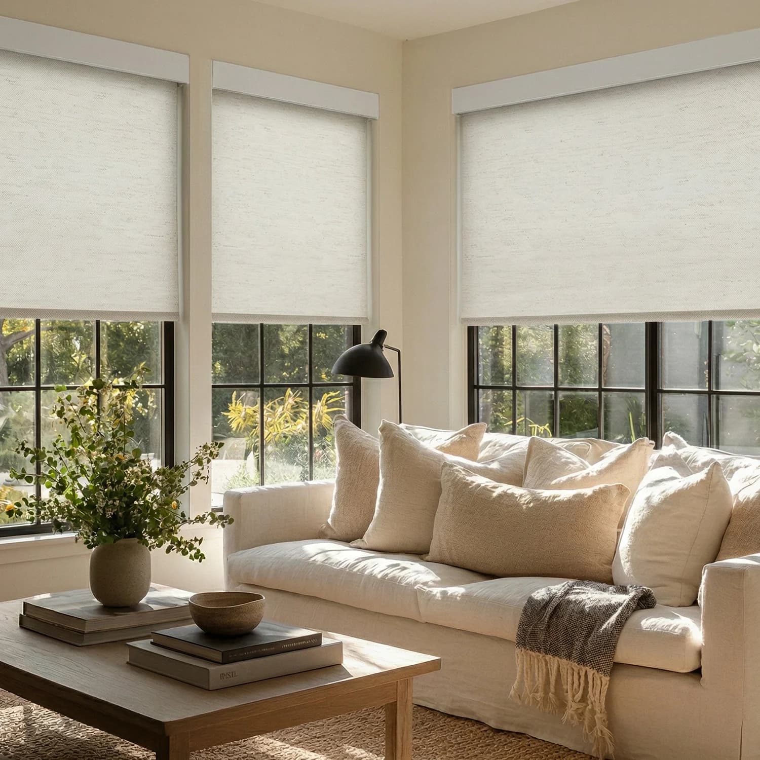 A linen roller shade drawn halfway on a bright Toronto window