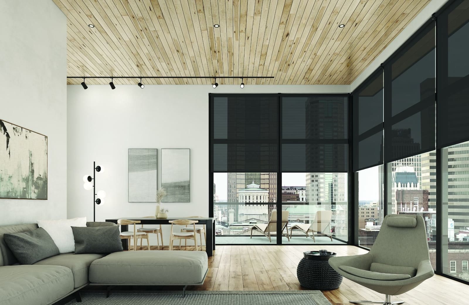 Charcoal solar screen roller shades on a wall of glass in a city apartment with a wood ceiling