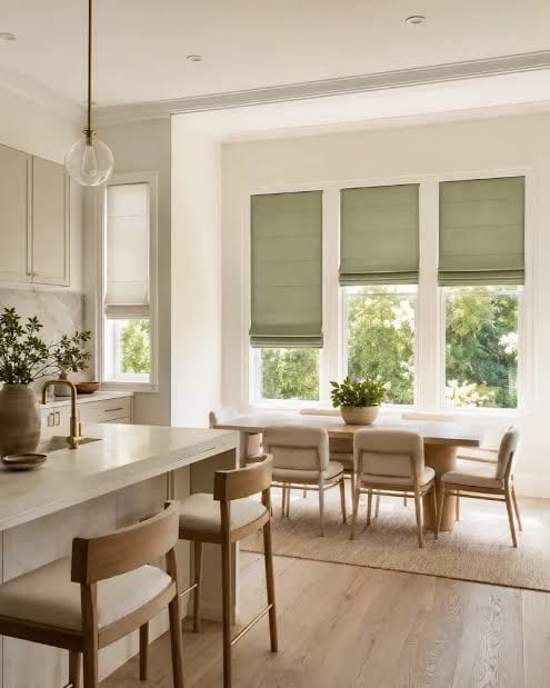 Sage green roman shades on three windows above a dining table in a white kitchen
