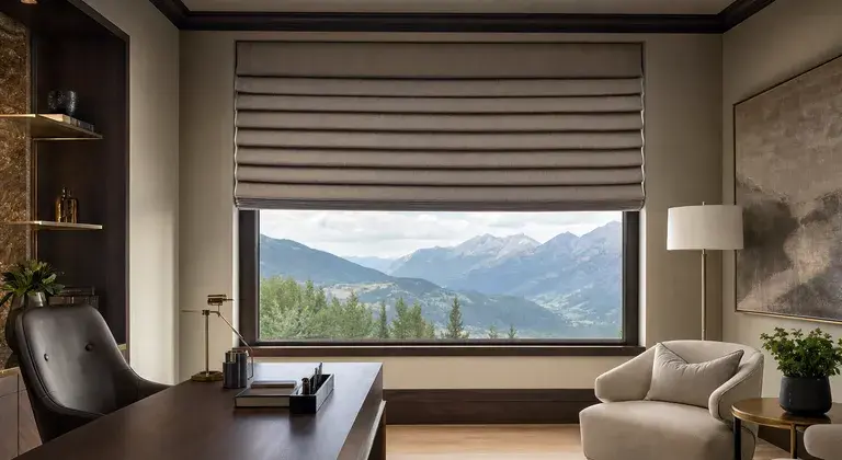 A grey roman shade raised over a wide window with a mountain view in a study
