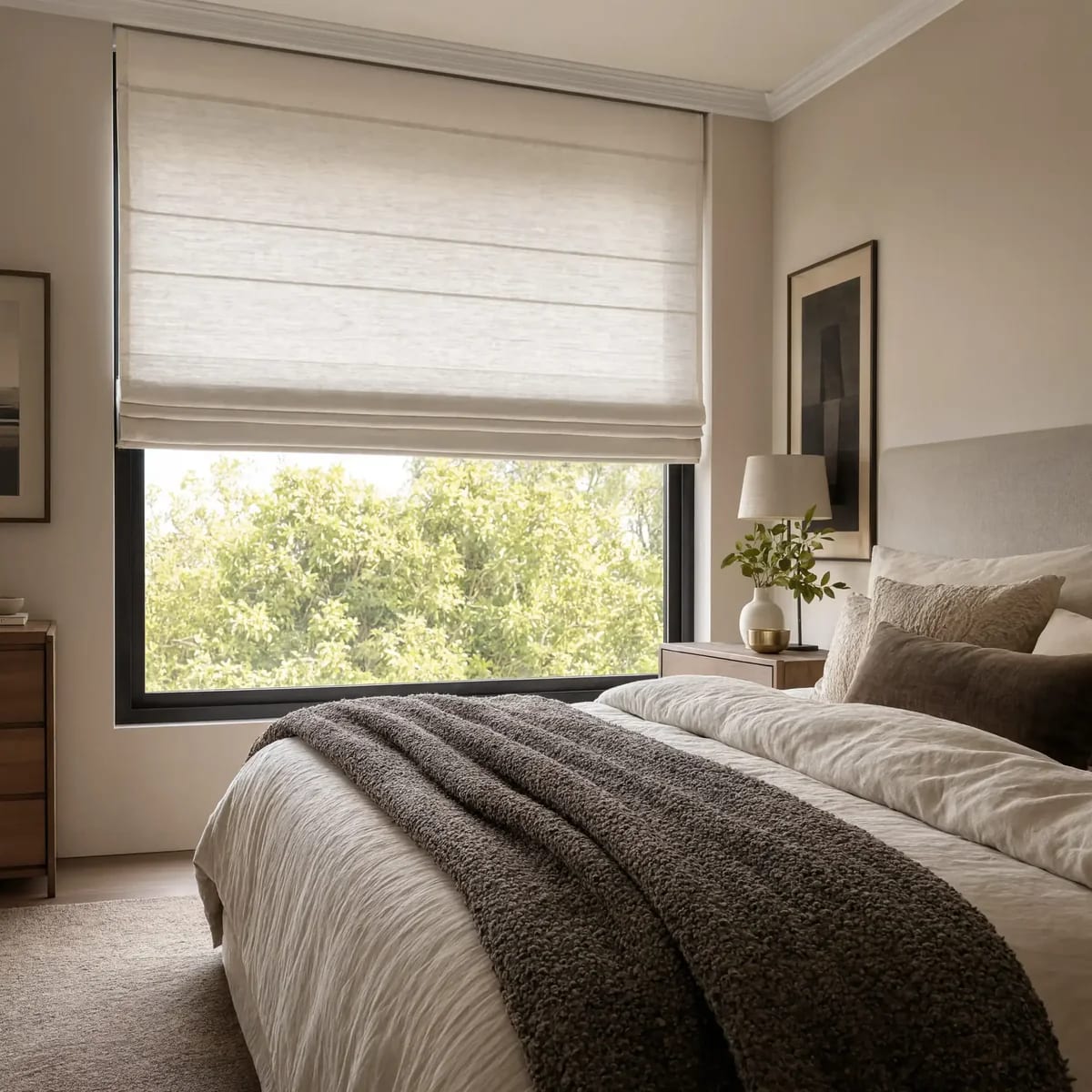 A cream linen roman shade drawn part way over a bedroom window above a made bed