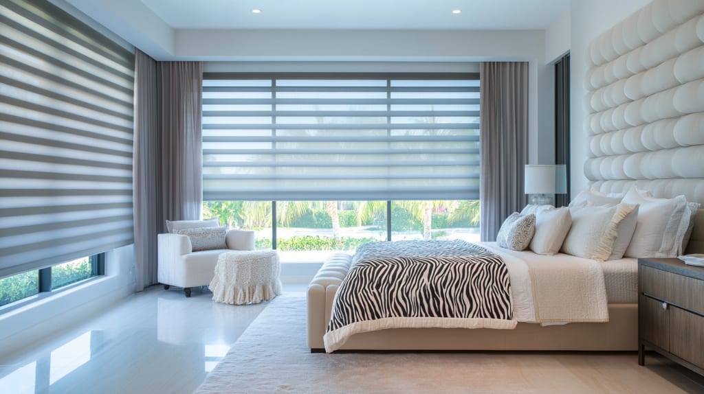 Zebra shades lowered across a Toronto living room at dusk, the city lights showing through the sheer bands