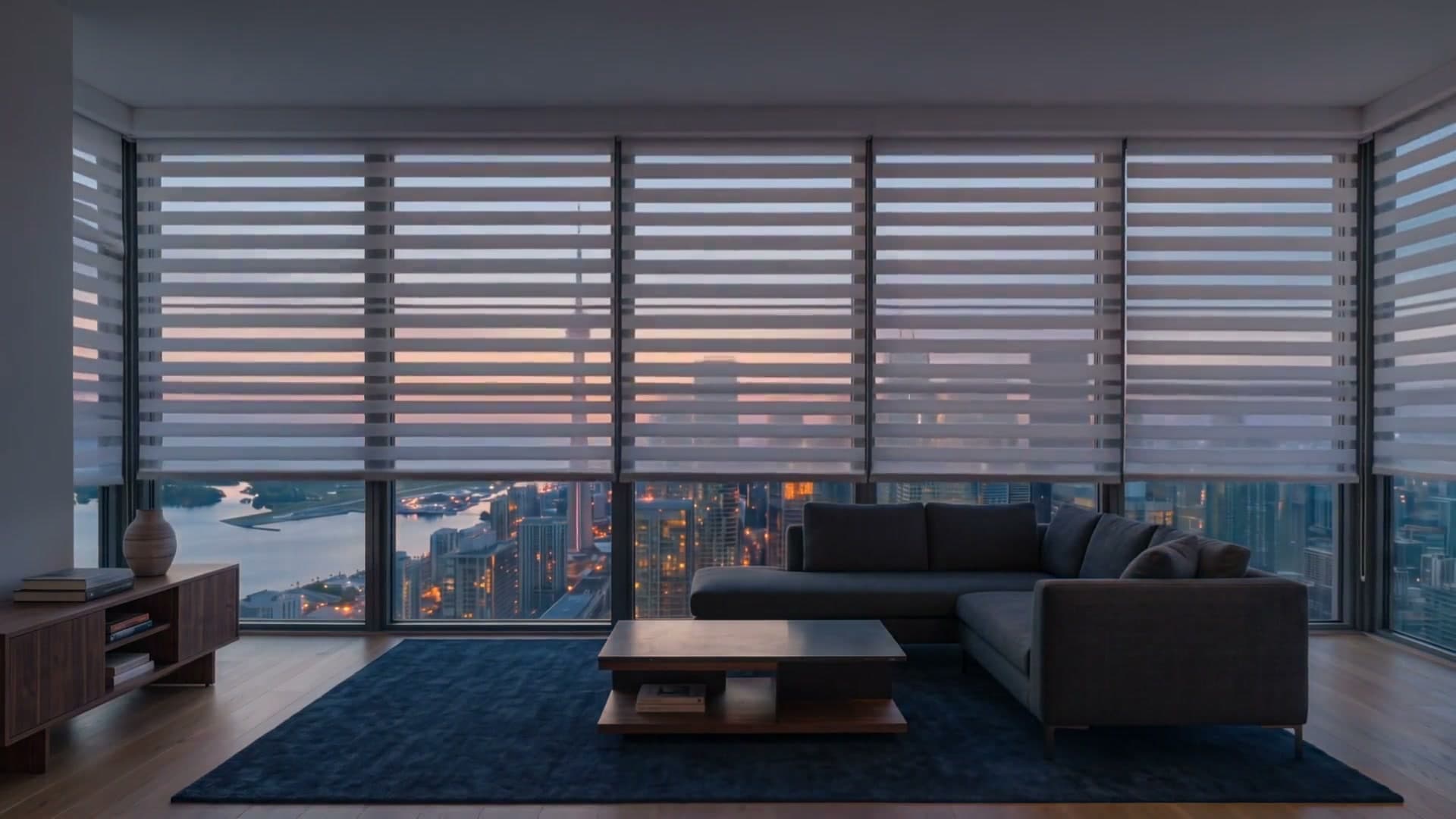 Motorized zebra shades lowering across evening windows over the Toronto skyline