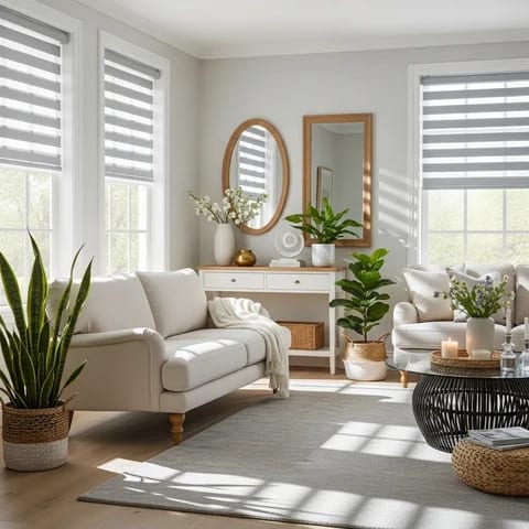 Grey zebra shades on two windows in a sunlit white living room